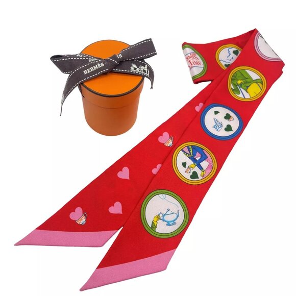 HERMES Twilly Horse Heart Teatime Scarf Red Silk